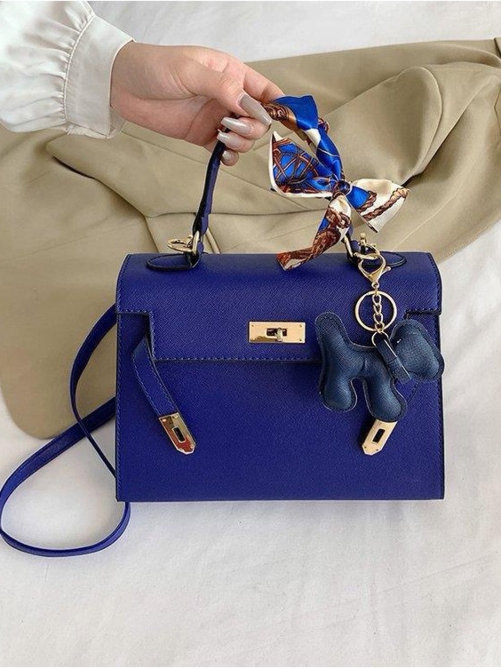 Elegant Blue Top-Handle Satchel with Scarf Accent